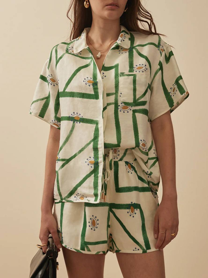 Levoire | Ensemble Chemise Boutonnée Imprimée Fleurs Col Manches Courtes Femme Décontractée Lâche Loisirs Deux Pièces