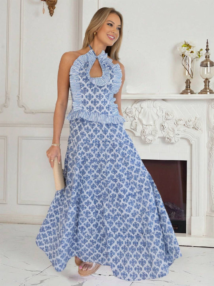 Levoire | Ensembles Avec Impression À Volants Chemisier Dos Nu Sans Manches Doux Élégant Vintage Robe