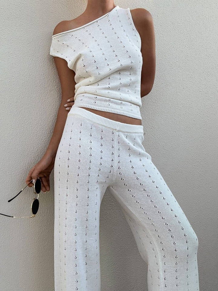Levoire | Ajouré Ensembles Tricot Avec Haut Sans Manches À Une Seule Épaule Et Pantalons À Coupe Large Pour Mode De Plage Décontractée Bohème Dames