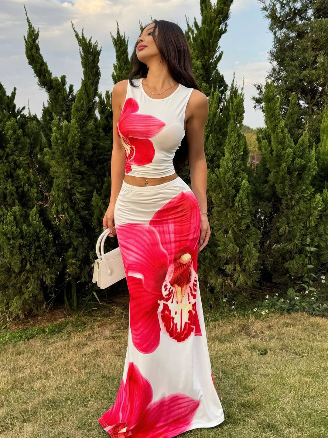 Levoire | Robe D'Été Florale Ensemble Col Rond Raccourci Top Sans Manches Et Jupe Longue Femme Décontracté Vintage Plage Blanc