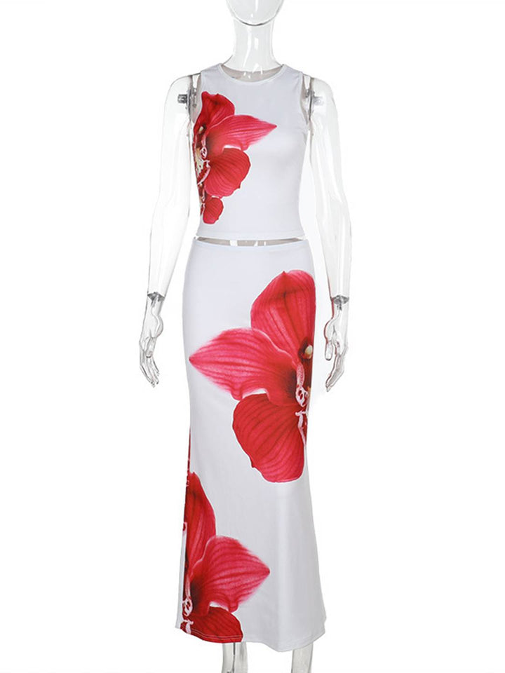Levoire | Robe D'Été Florale Ensemble Col Rond Raccourci Top Sans Manches Et Jupe Longue Femme Décontracté Vintage Plage