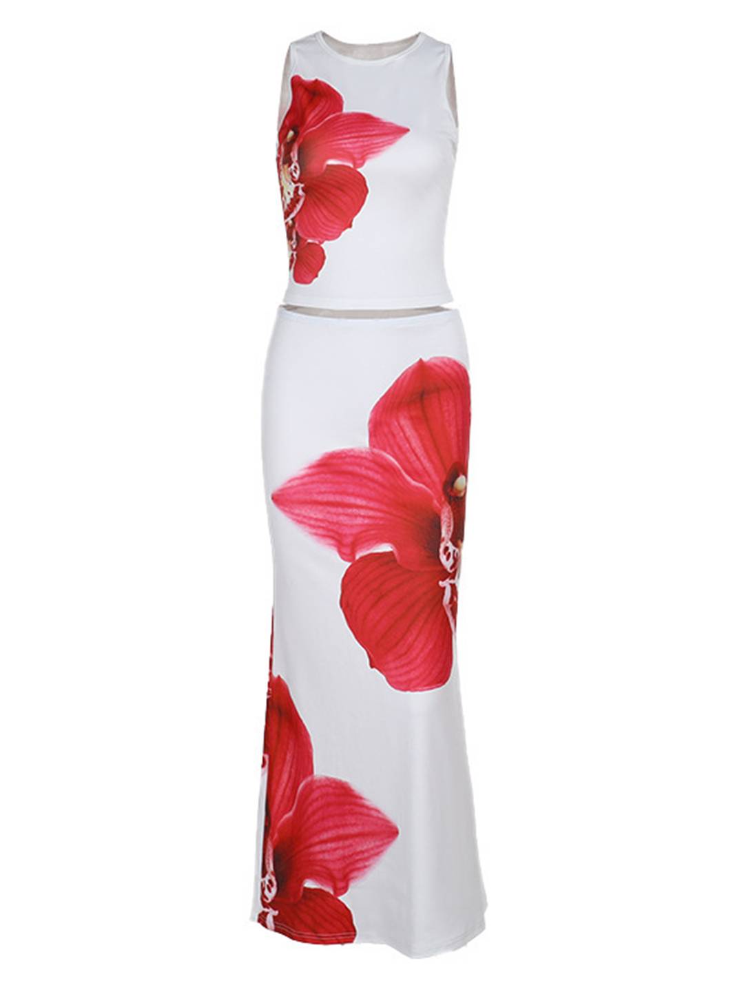 Levoire | Robe D'Été Florale Ensemble Col Rond Raccourci Top Sans Manches Et Jupe Longue Femme Décontracté Vintage Plage