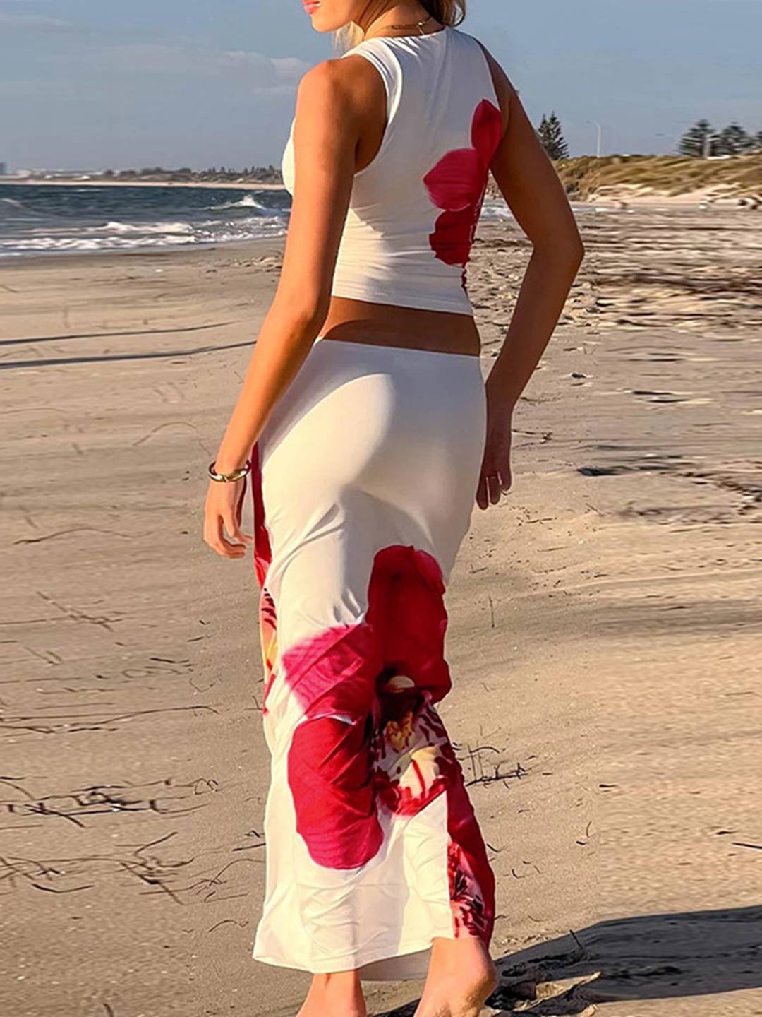 Levoire | Robe D'Été Florale Ensemble Col Rond Raccourci Top Sans Manches Et Jupe Longue Femme Décontracté Vintage Plage