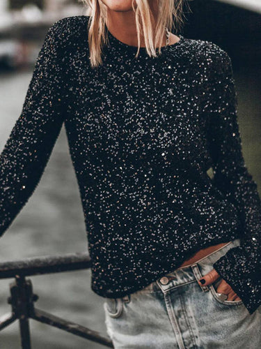 Levoire | T-Shirt Paillettes Brillantes Col Rond Sans Dos Avec Fente Manches Longues Élégant Décontracté Mode Huats