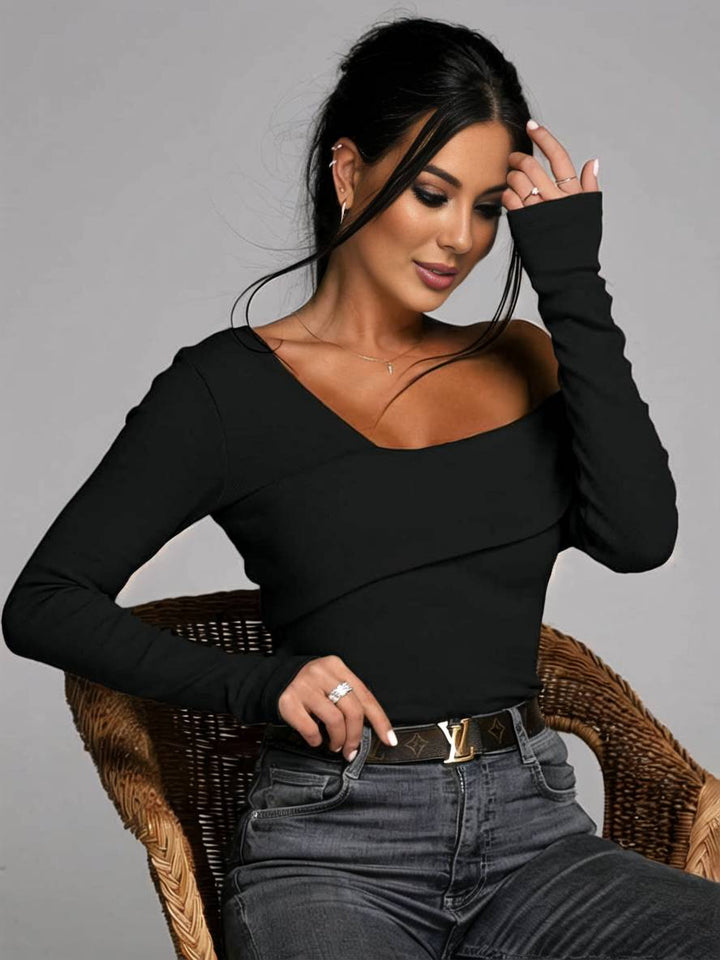 Levoire | T-Shirt Uni Épaule Longues Manches Femmes Élégant Décontracté Mode Tops