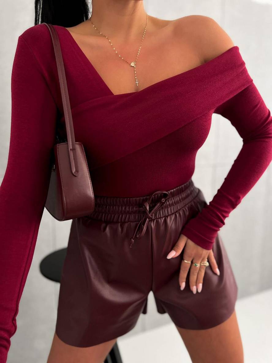 Levoire | T-Shirt Uni Épaule Longues Manches Femmes Élégant Décontracté Mode Tops Rot