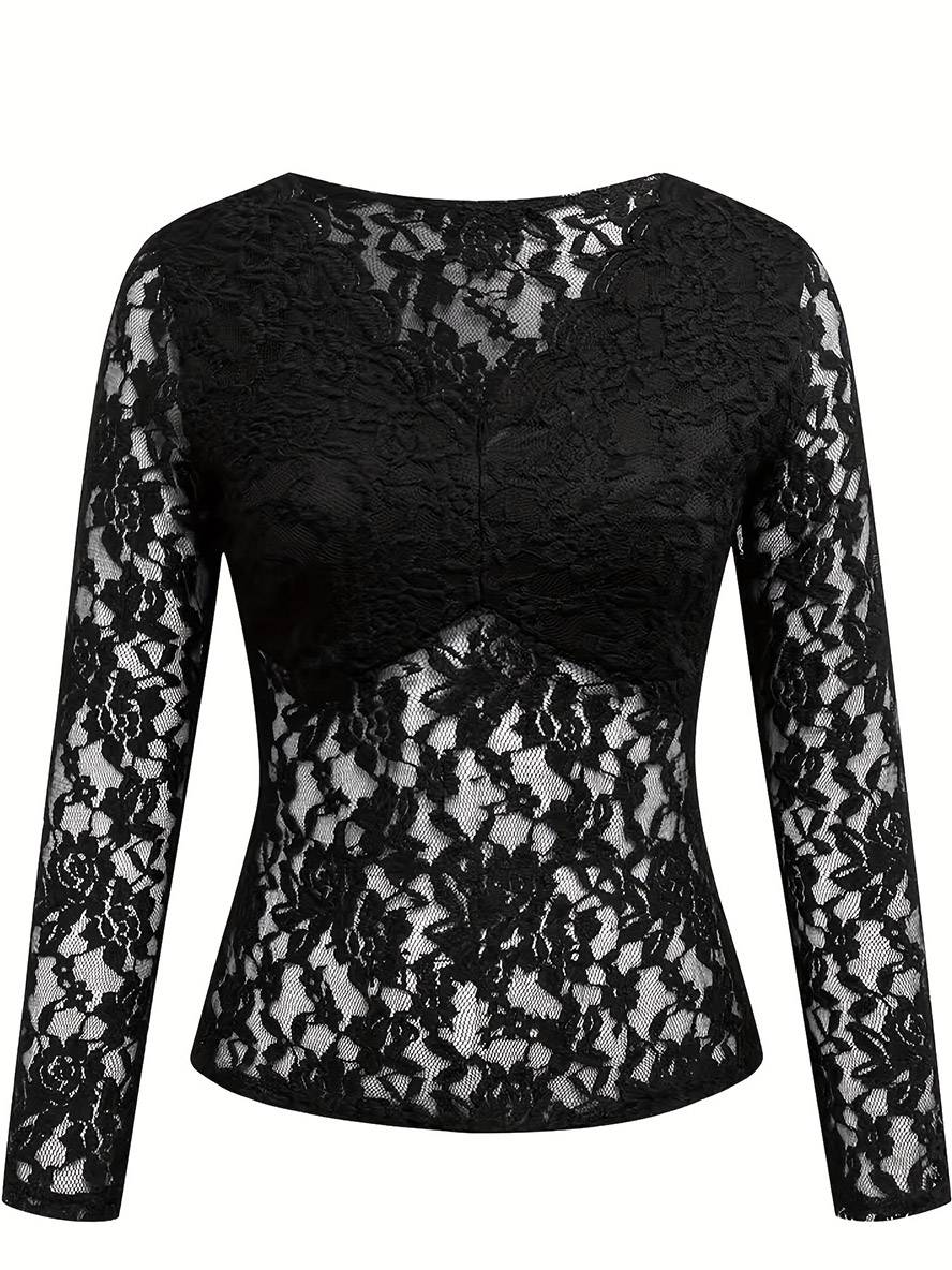 Levoire | Pull En Dentelle Ajusté Col V Manches Longues Uni Femme Élégant Simple Décontracté Casual