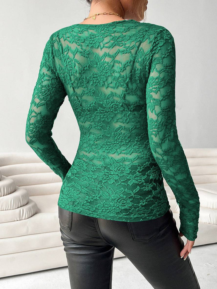 Levoire | Pull En Dentelle Ajusté Col V Manches Longues Uni Femme Élégant Simple Décontracté Casual