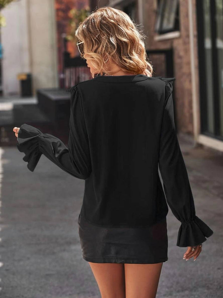 Levoire | Blouse Avec Volants Décolleté En V Jabot Patte De Boutonnage Manches Évasées Manches Longues Femme Doux Élégant