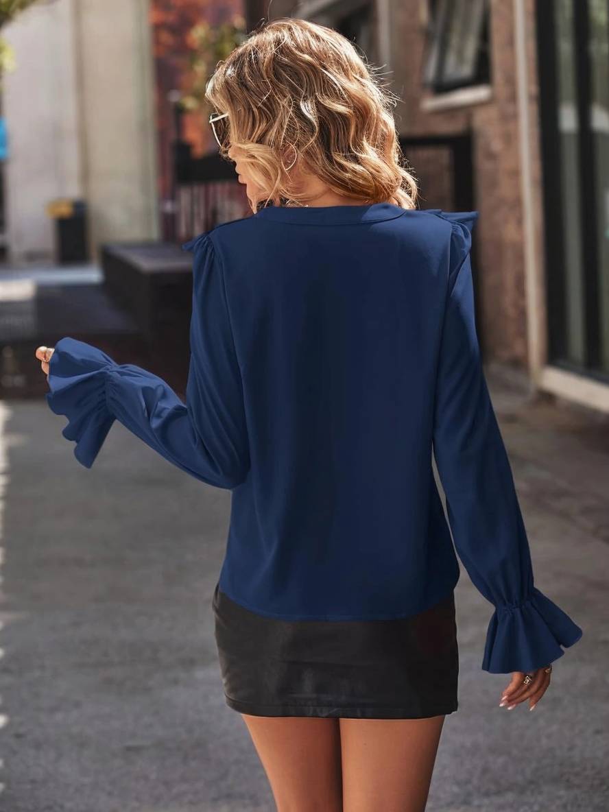 Levoire | Blouse Avec Volants Décolleté En V Jabot Patte De Boutonnage Manches Évasées Manches Longues Femme Doux Élégant