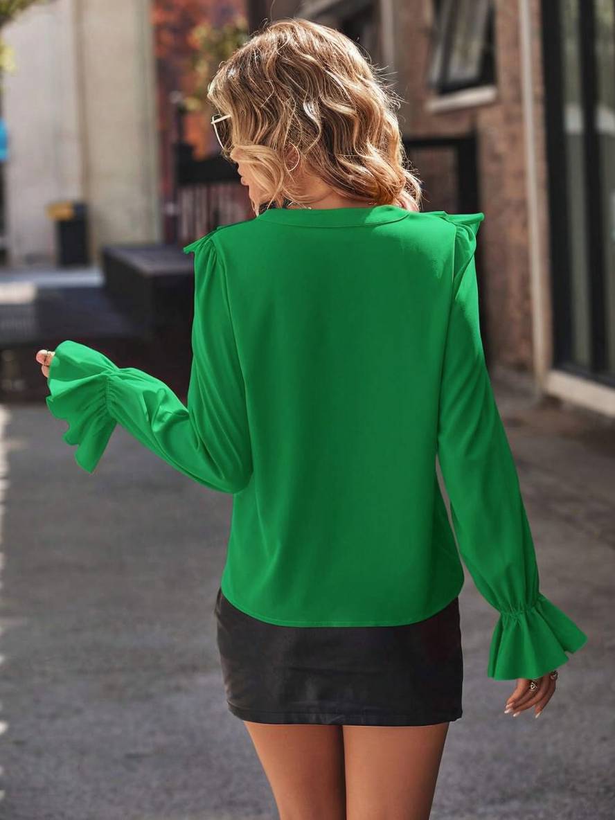 Levoire | Blouse Avec Volants Décolleté En V Jabot Patte De Boutonnage Manches Évasées Manches Longues Femme Doux Élégant