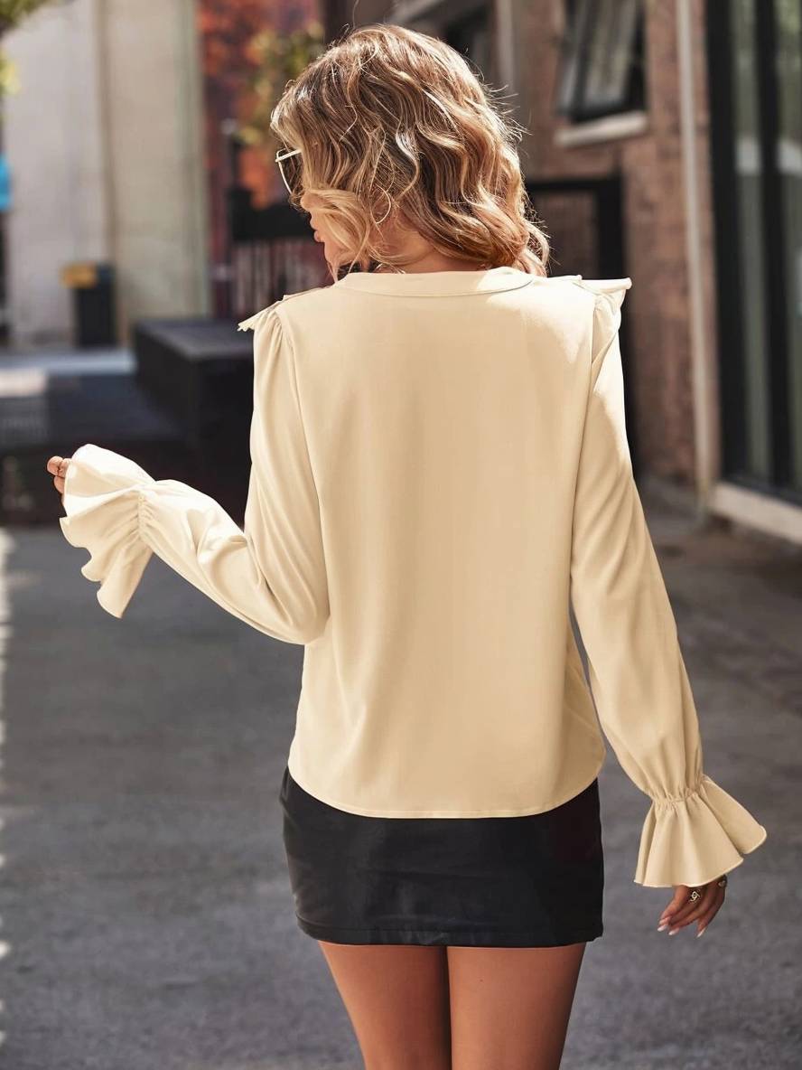 Levoire | Blouse Avec Volants Décolleté En V Jabot Patte De Boutonnage Manches Évasées Manches Longues Femme Doux Élégant