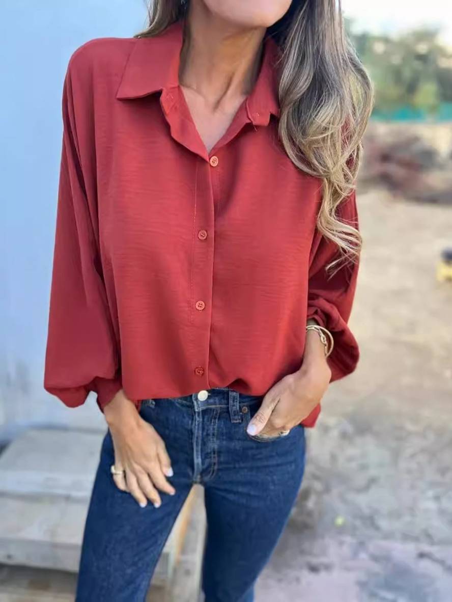 Levoire | Chemisier Uni Col Chemise Manches Chauve-Souris Patte De Boutonnage Blouse Décontractée Pour Femmes Rot