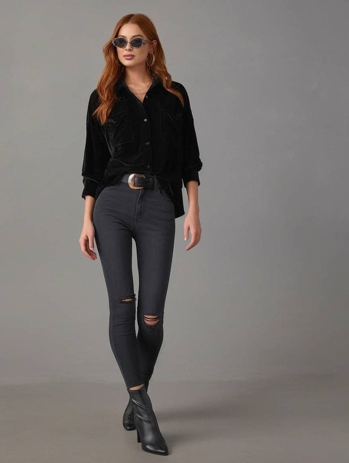 Levoire | Blouse En Velours Unie Avec Boutons, Poches, Col Chemise, Manches Longues Pour Femmes, Ample Et Décontractée