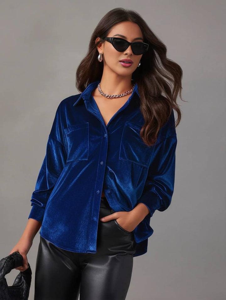 Levoire | Blouse En Velours Unie Avec Boutons, Poches, Col Chemise, Manches Longues Pour Femmes, Ample Et Décontractée