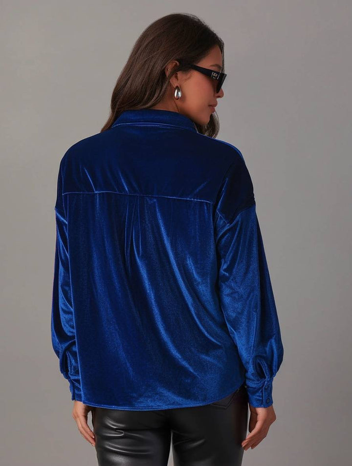 Levoire | Blouse En Velours Unie Avec Boutons, Poches, Col Chemise, Manches Longues Pour Femmes, Ample Et Décontractée