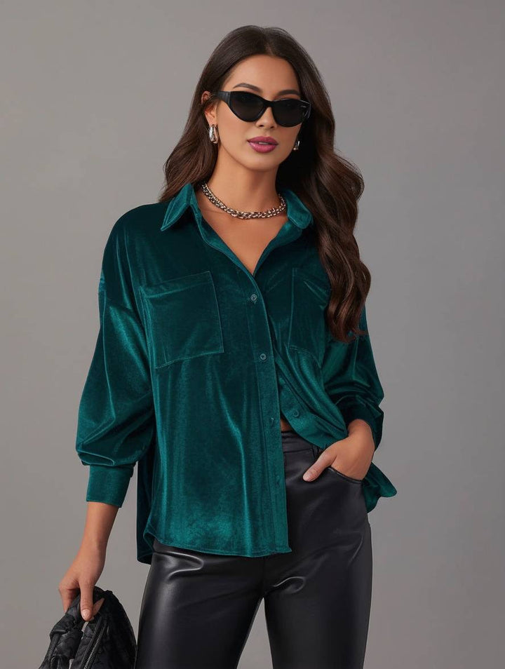 Levoire | Blouse En Velours Unie Avec Boutons, Poches, Col Chemise, Manches Longues Pour Femmes, Ample Et Décontractée Vert foncé