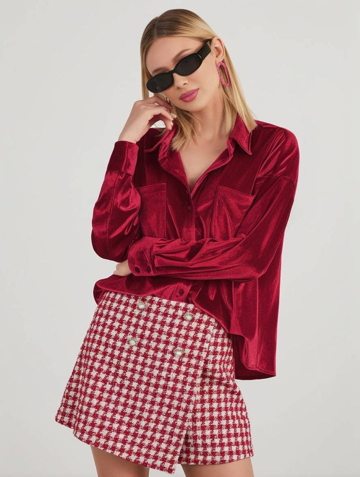 Levoire | Blouse En Velours Unie Avec Boutons, Poches, Col Chemise, Manches Longues Pour Femmes, Ample Et Décontractée