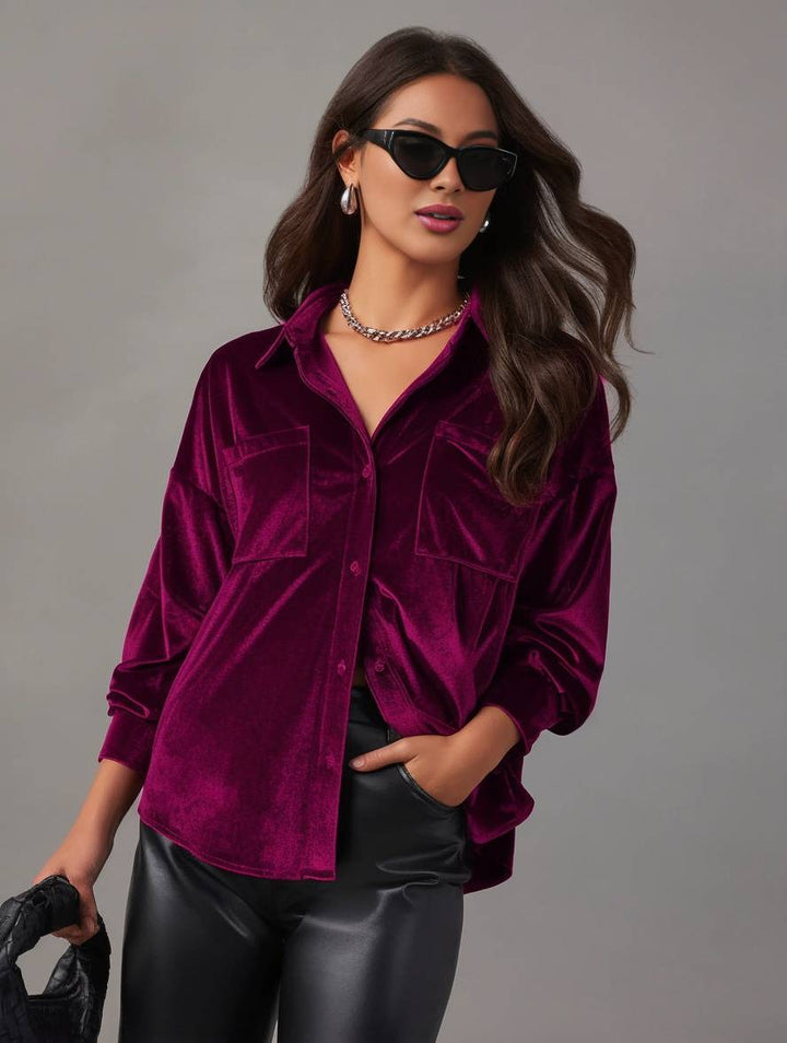 Levoire | Blouse En Velours Unie Avec Boutons, Poches, Col Chemise, Manches Longues Pour Femmes, Ample Et Décontractée Bordeaux