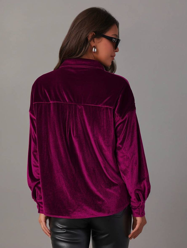 Levoire | Blouse En Velours Unie Avec Boutons, Poches, Col Chemise, Manches Longues Pour Femmes, Ample Et Décontractée
