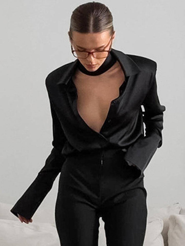 Levoire | Chemisier Satin À Boutons Manches Longues Femmes Élégant Décontracté Blouse Noir