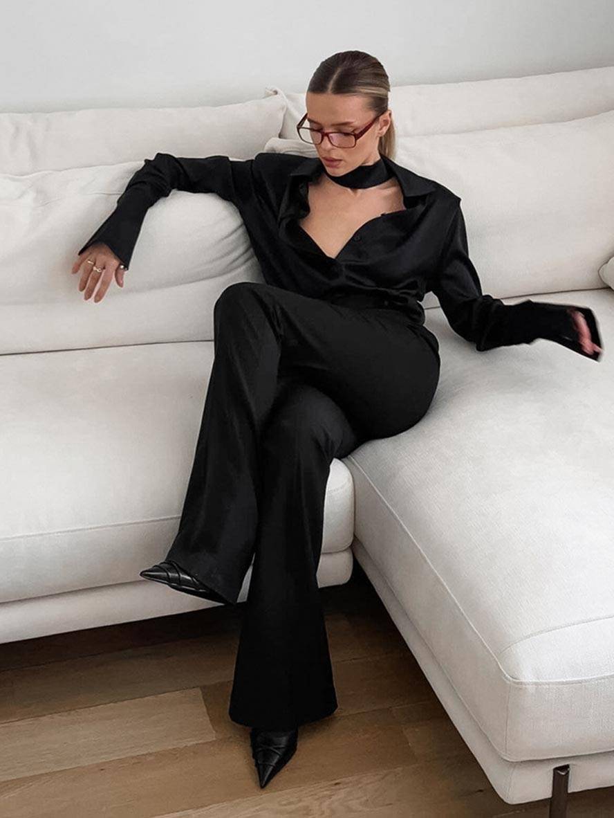 Levoire | Chemisier Satin À Boutons Manches Longues Femmes Élégant Décontracté Blouse