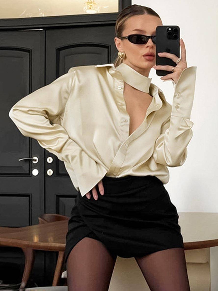 Levoire | Chemisier Satin À Boutons Manches Longues Femmes Élégant Décontracté Blouse Champagne