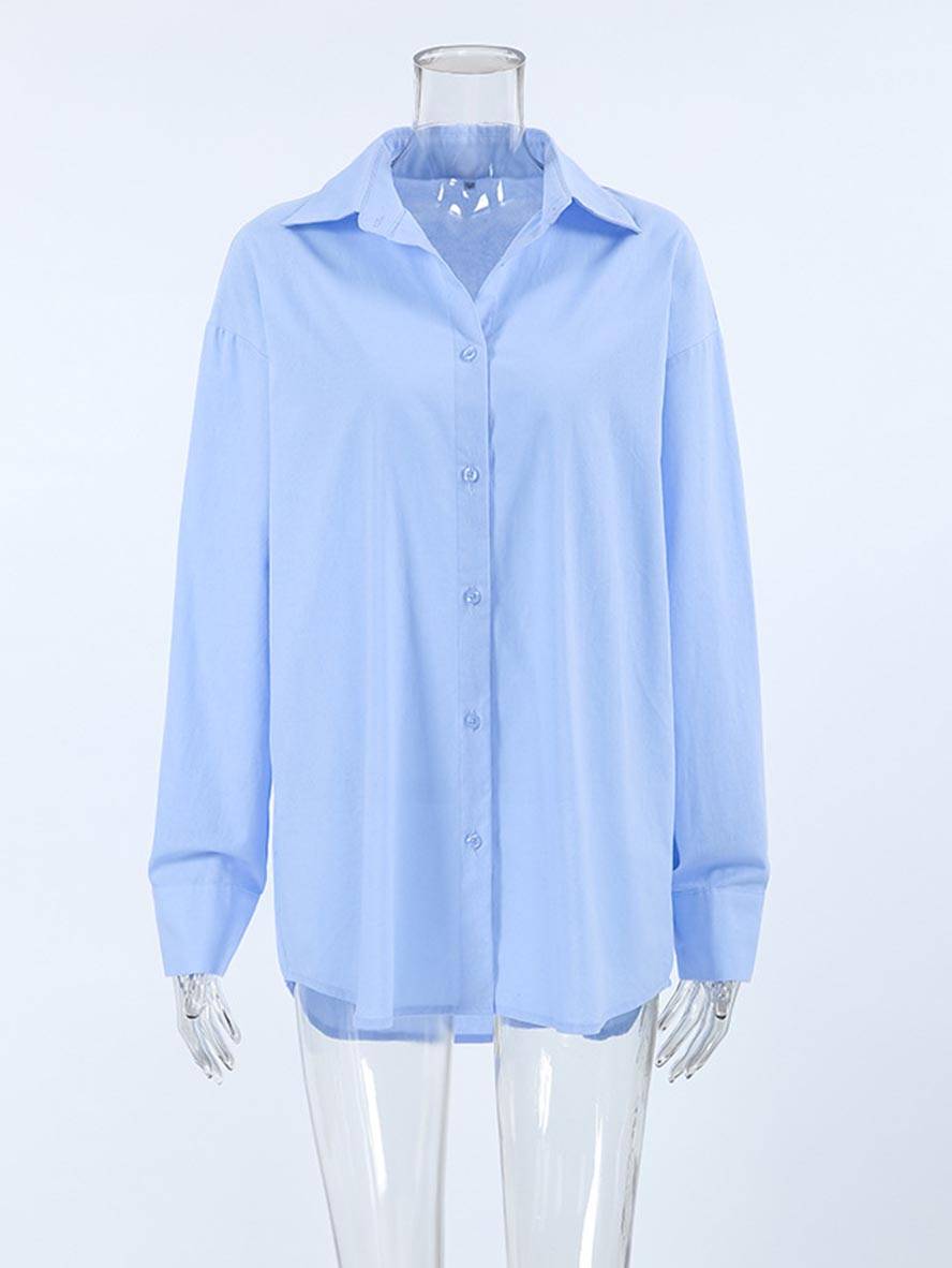 Levoire | Chemise En Coton Unie À Boutons Col Chemise À Manches Longues Femme Élégant Décontracté Blouse Ample