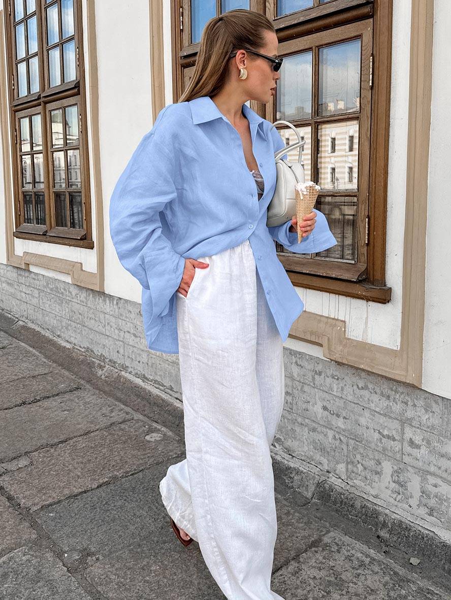 Levoire | Chemise En Coton Unie À Boutons Col Chemise À Manches Longues Femme Élégant Décontracté Blouse Ample
