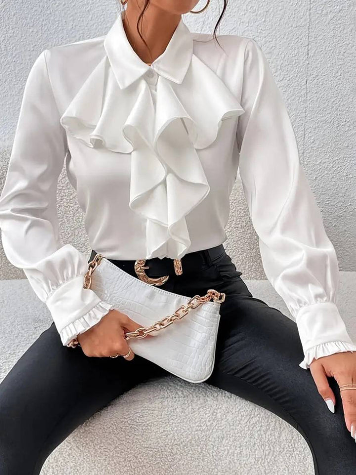 Levoire | Blouse Unie Avec Patte De Boutonnage, Col Jabot, Manches De Moine Pour Femmes, Blouse Décontractée Élégante