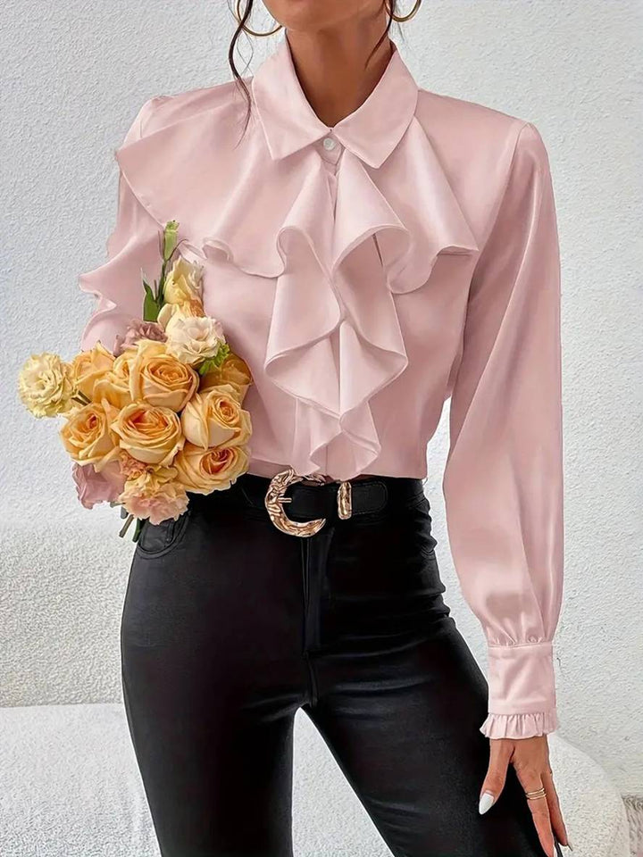 Levoire | Blouse Unie Avec Patte De Boutonnage, Col Jabot, Manches De Moine Pour Femmes, Blouse Décontractée Élégante Rose