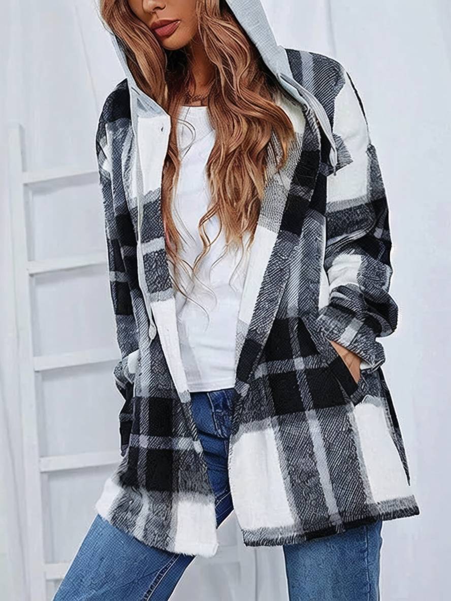 Levoire | Chemise À Carreaux Pour Dames Avec Capuche, Fermeture À Boutons, Poches, Manches Longues, Vintage, Veste Décontractée
