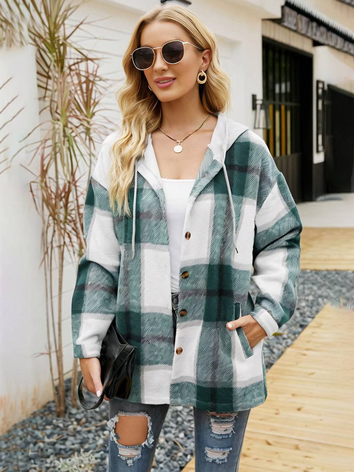 Levoire | Chemise À Carreaux Pour Dames Avec Capuche, Fermeture À Boutons, Poches, Manches Longues, Vintage, Veste Décontractée Vert