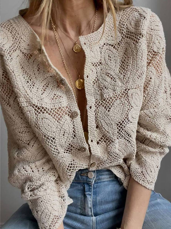Levoire | Chemisier En Dentelle Unie Avec Patte De Boutonnage Col Rond À Manches Longues Dames Élégant Vintage Décontracté Blouse Abricot
