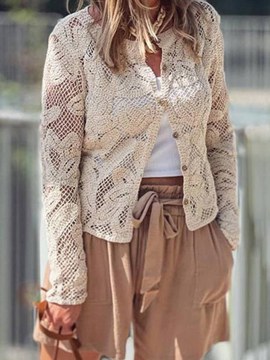 Levoire | Chemisier En Dentelle Unie Avec Patte De Boutonnage Col Rond À Manches Longues Dames Élégant Vintage Décontracté Blouse