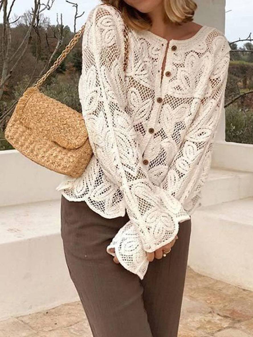 Levoire | Chemisier En Dentelle Unie Avec Patte De Boutonnage Col Rond À Manches Longues Dames Élégant Vintage Décontracté Blouse