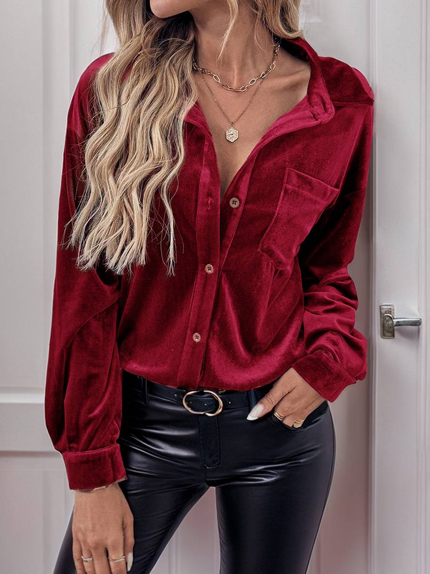 Levoire | Chemisier En Velours Avec Boutons Et Poches, Col Classique, Manches Longues, Vêtements De Loisirs Pour Femmes Rot