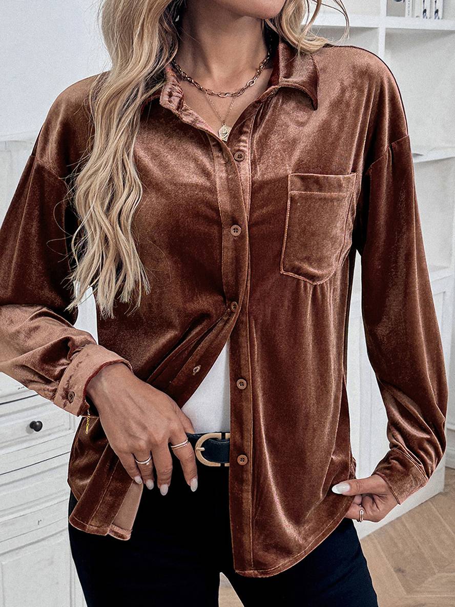 Levoire | Chemisier En Velours Avec Boutons Et Poches, Col Classique, Manches Longues, Vêtements De Loisirs Pour Femmes