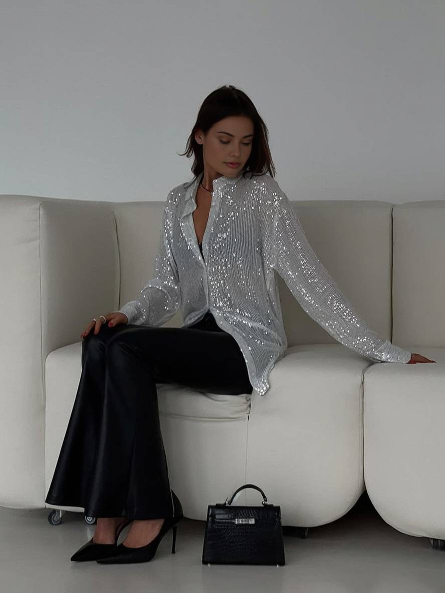 Levoire | Chemisier Brillant Paillettes Col Chemise Manches Longues Femme Élégant Décontracté Oversize