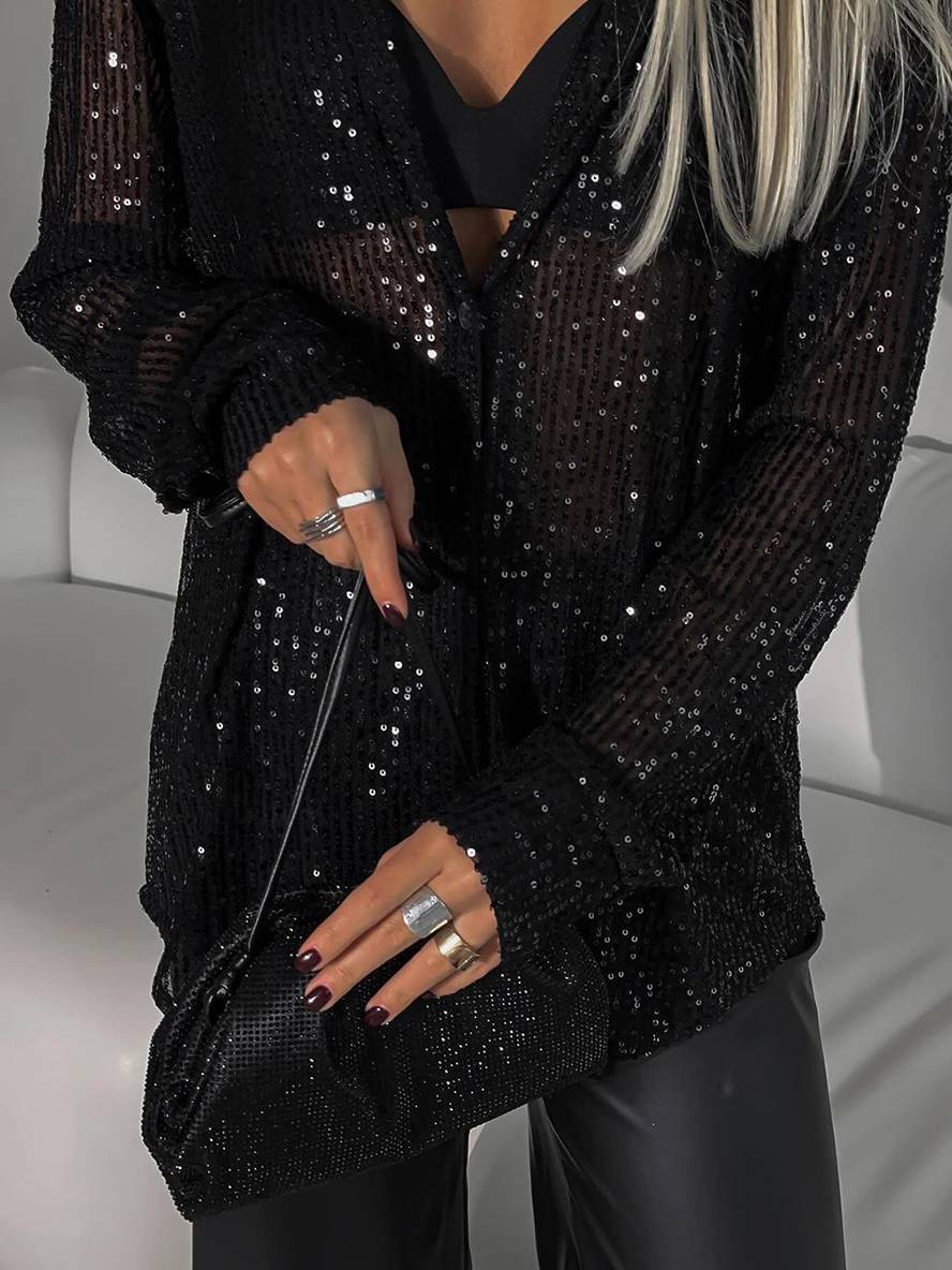 Levoire | Chemisier Brillant Paillettes Col Chemise Manches Longues Femme Élégant Décontracté Oversize