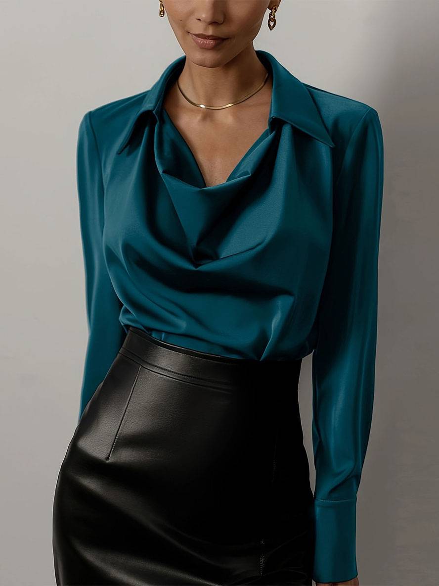 Levoire | Blouse Col Chale Col De Chemise Manches De Bishop Manches Longues Femme Élégant Décontracté Mode Casual Bleu