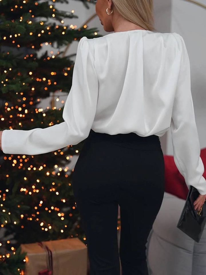 Levoire | Blouse Simple À Décolleté En V Fleurs Manches Longues Pour Dames Style Costume Élégant Mode Décontractée
