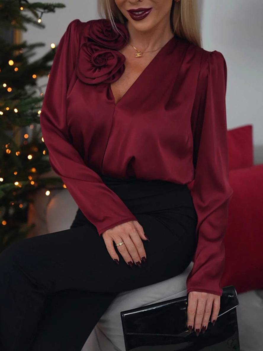 Levoire | Blouse Simple À Décolleté En V Fleurs Manches Longues Pour Dames Style Costume Élégant Mode Décontractée Bordeaux