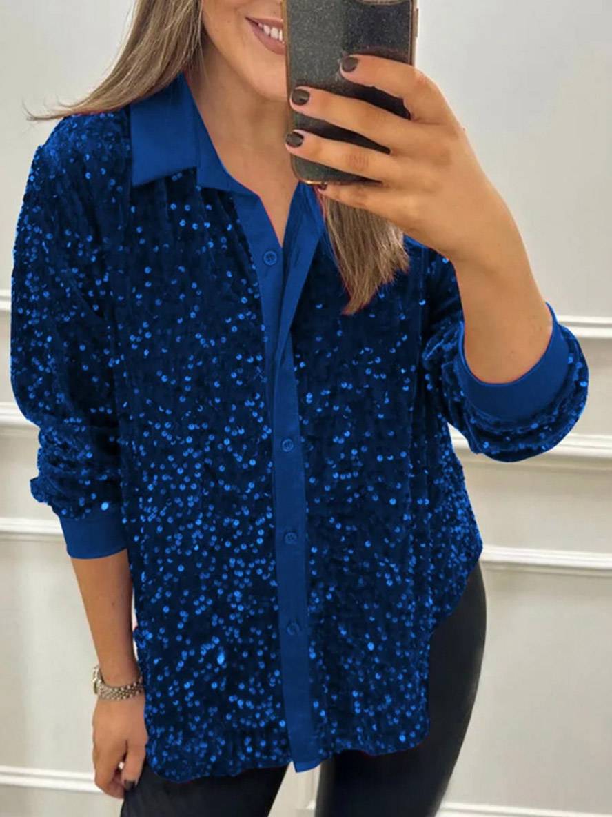 Levoire | Brillant Paillettes Unicolor Chemisier Col Boutonné Manches Longues Femme Élégant Décontracté Blouse Bleu foncé
