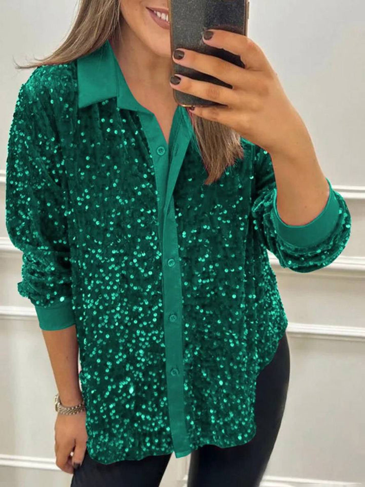 Levoire | Brillant Paillettes Unicolor Chemisier Col Boutonné Manches Longues Femme Élégant Décontracté Blouse Vert