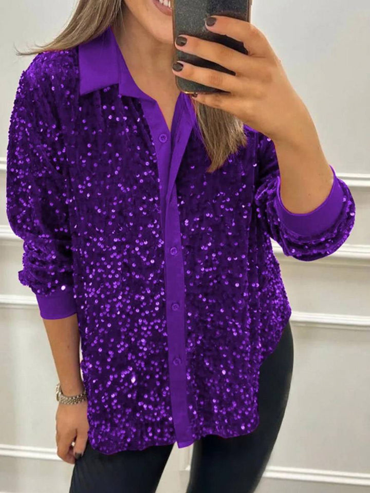 Levoire | Brillant Paillettes Unicolor Chemisier Col Boutonné Manches Longues Femme Élégant Décontracté Blouse Violet