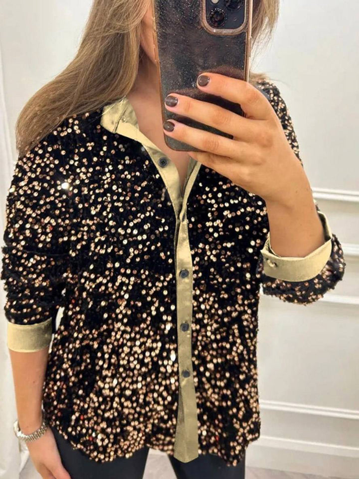 Levoire | Brillant Paillettes Unicolor Chemisier Col Boutonné Manches Longues Femme Élégant Décontracté Blouse Or