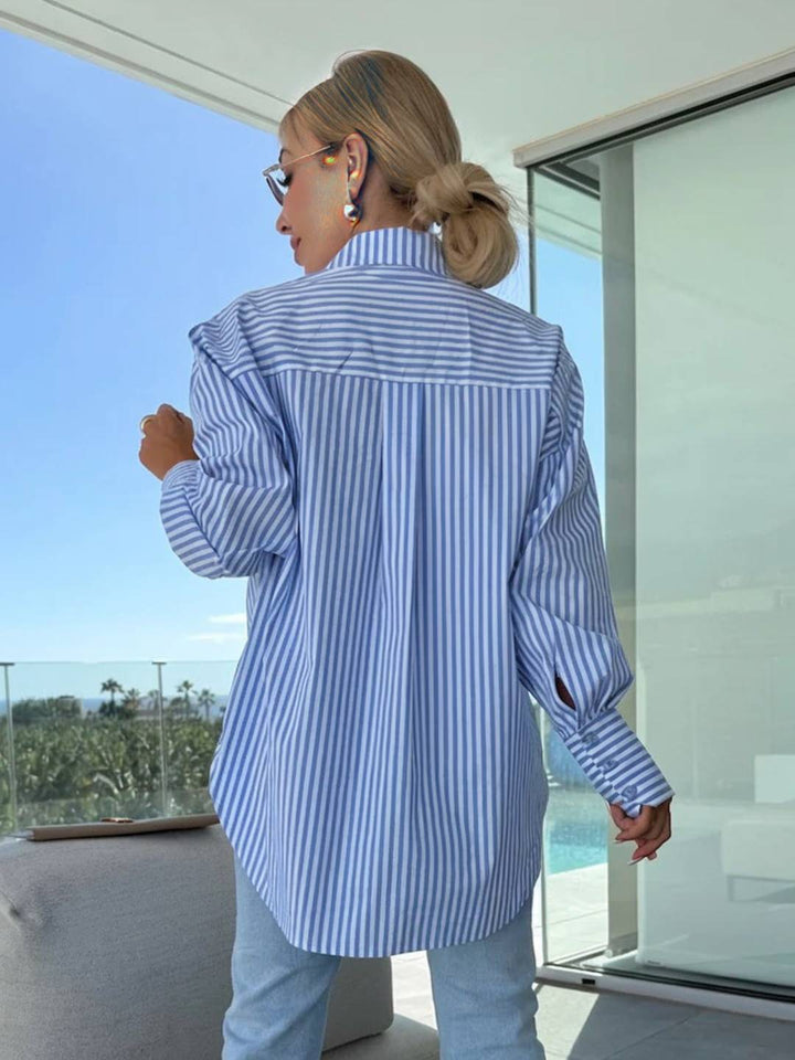 Levoire | Chemise À Rayures Boutonnée Col Manches Longues Femmes Élégante Sur Mesure Loisirs Grandes Tailles