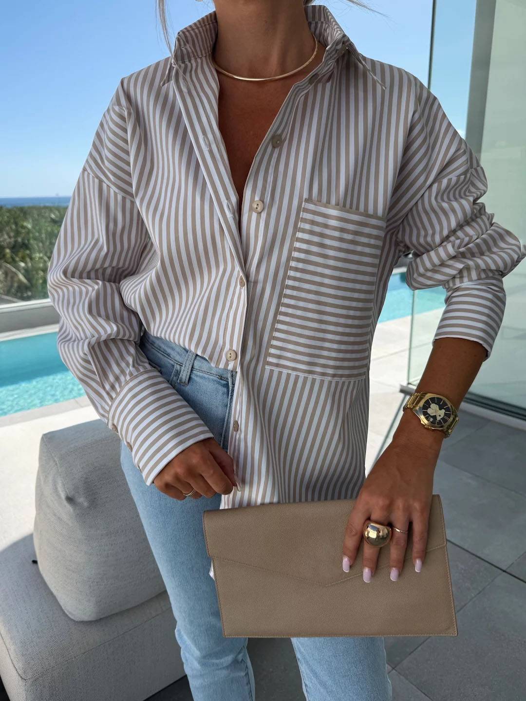Levoire | Chemise À Rayures Boutonnée Col Manches Longues Femmes Élégante Sur Mesure Loisirs Grandes Tailles Khaki