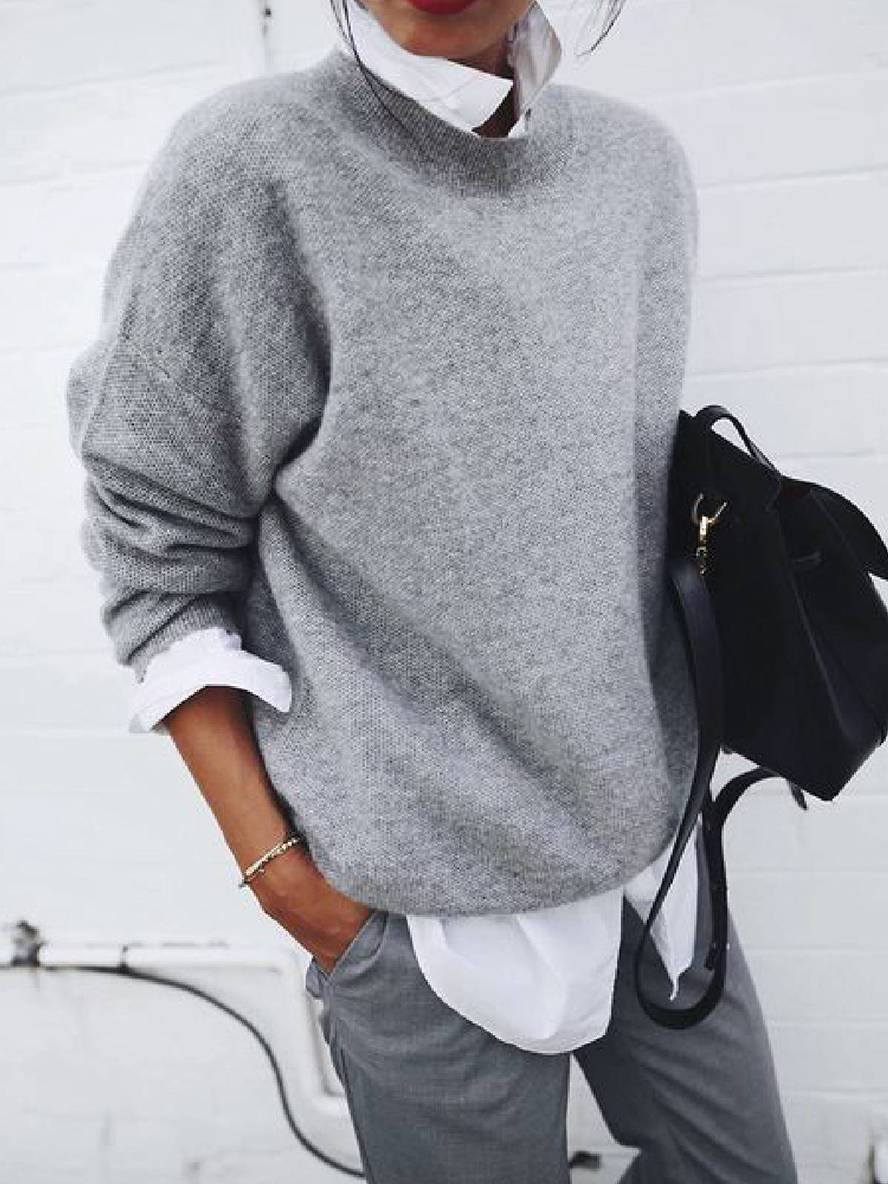 Levoire | Pull En Tricot Avec Col De Chemise Faux, À Manches Longues, Élégant, Décontracté, Hauts, Automne Gris